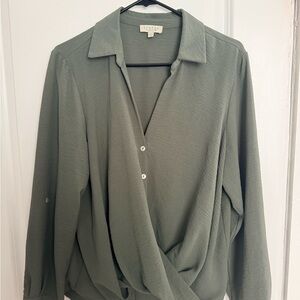 Chenault Olive Green Draped Button-Front Blouse